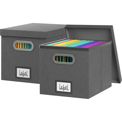File Storage Box With Lid File Boxes For Hanging Decorative Hanging Folders Organizer With One-Piece Plastic Frame Slides (Dark Grey, 13.2X 10.1 X 10.1 Inch(2Pack))