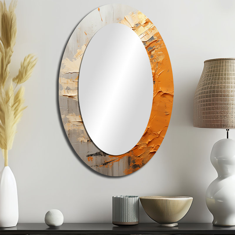 Gold Orange Desert Mirage Spiral III - Abstract Oval Decorative Mirror On Metal, 36" x 24"