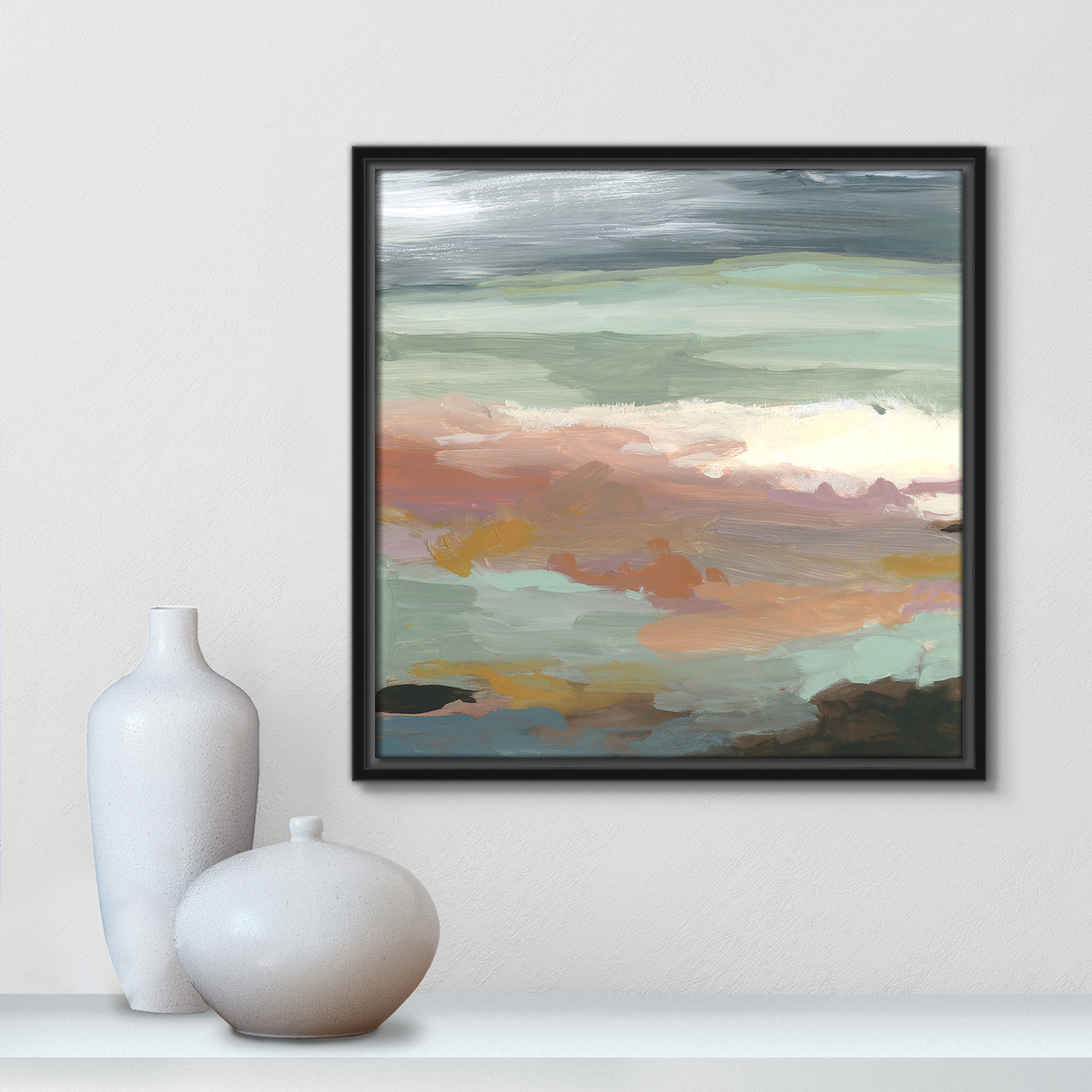 Bingham "Ocean Bluffs" Painting by Carol Robinson, Picture Framed Canvas, 17.5" H x 17.5" W, Black
