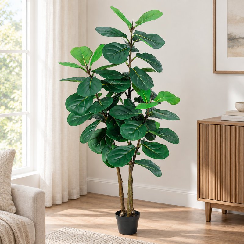 Figuier lyre artificiel de 154 cm avec pot, grande plante d'intérieur artificielle (Ficus lyrata) pour la décoration.
