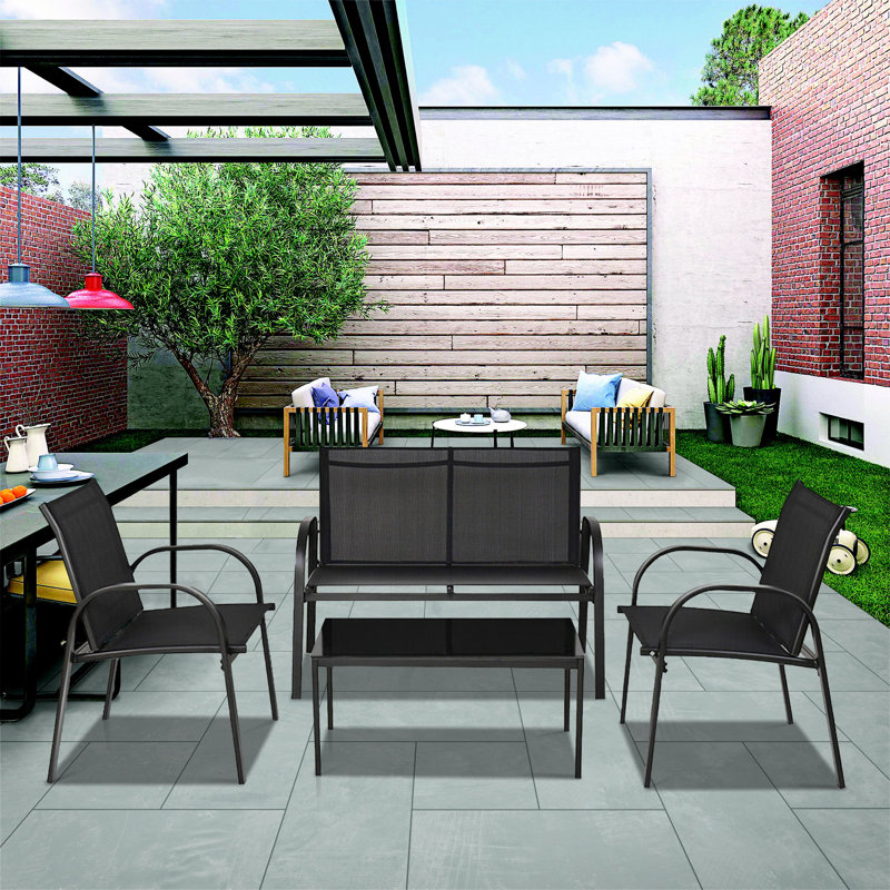 Outdoor 4 Pieces Patio Furniture Set with Glass Top Coffee Table, Black