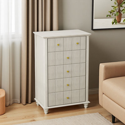 Fluted 5 Drawer Dresser, 45 Inch Tall Modern Chest Of Drawers, Bedroom Dresser With Metal Handle, Wooden Drawer Organizer For Bedroom, Living Room, Hallway, Entryway, Beige