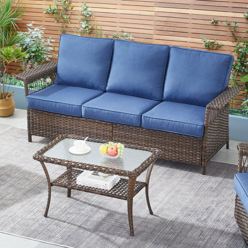 Anferney 79'' Wide Outdoor Patio Sofa with Cushions and Coffee Table, Blue