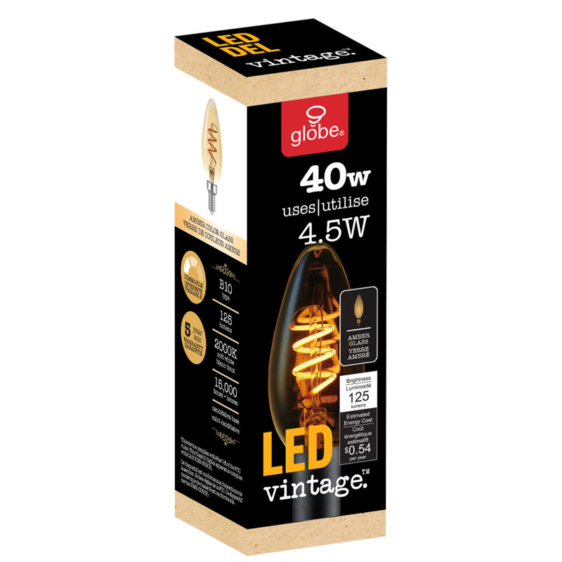 Vintage Amber Glass Dimmable LED Candelabra Bulb, 4.5W