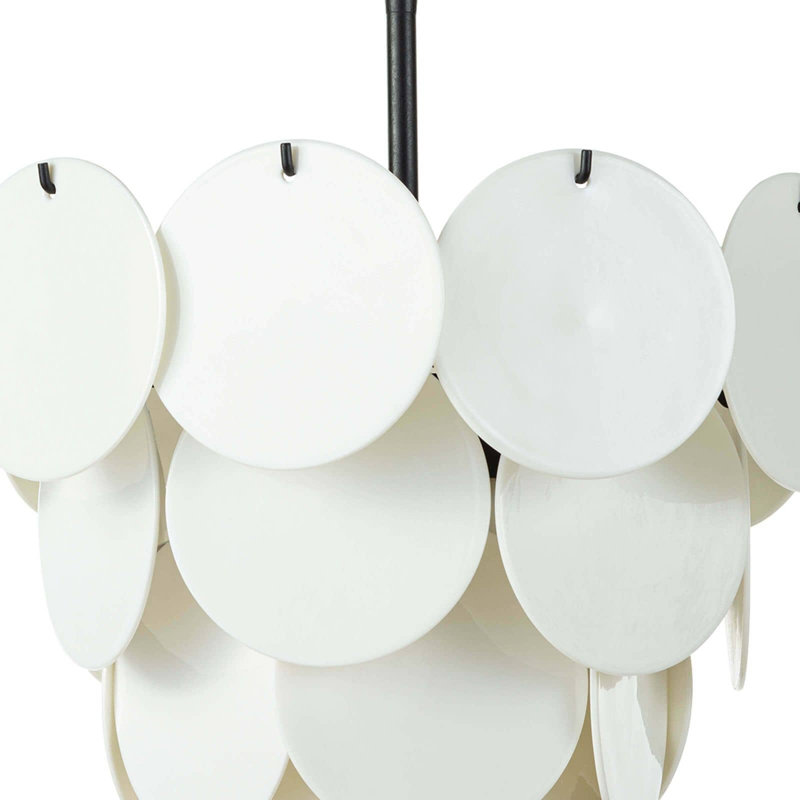 White Glass Disc Modern Chandelier with Blackened Iron Frame
