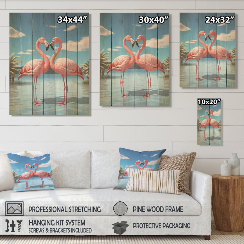 Flamingo Beach Couple I - Tropical côtier sur bois, H 32 po x l 24 po
