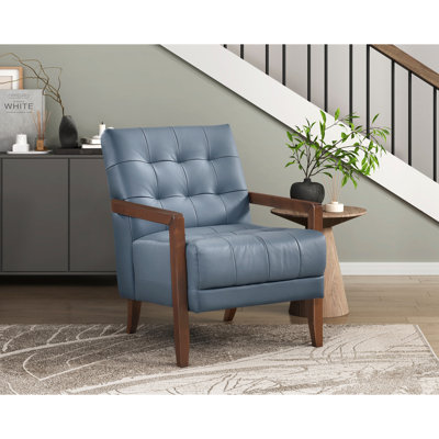 Fauteuil en cuir bleu, assise en noyer, dossier en contreplaqué, plateau en noyer