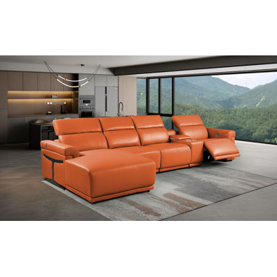 Canapé modulaire en cuir italien 5 pièces Camel avec 1 fauteuil inclinable électrique et appuis-tête réglables Camel