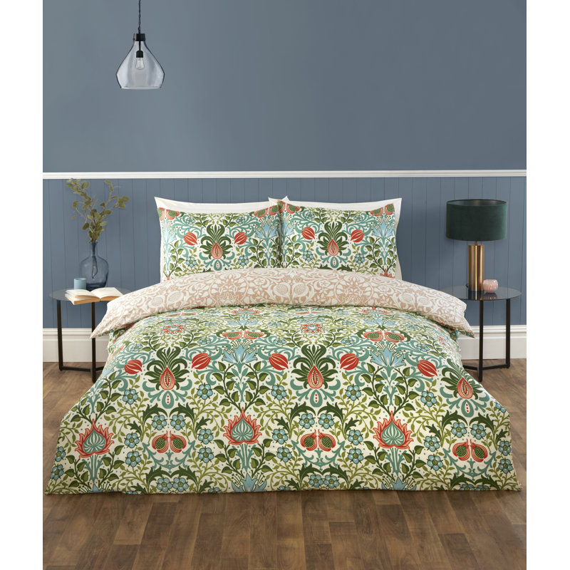 HERITAGE FLORA Microfiber / Polyester Floral Duvet Cover Set with Pillowcases, Green, Kingsize, 3
