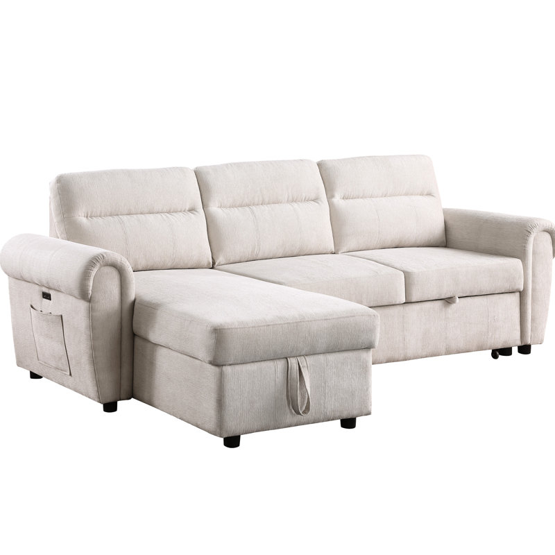 3 Beige Chenille Sectional With Reversible Sleeper And Socket Storage,