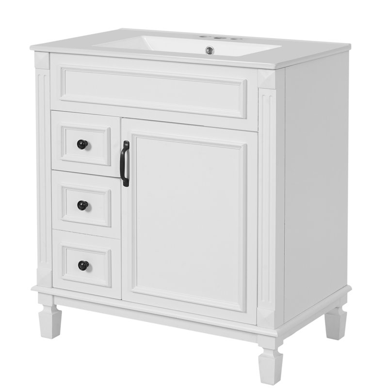Meuble-lavabo autoportant de 30 po avec comptoir en céramique, Blanc