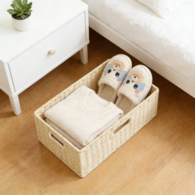 Panier de rangement en rotin tissé à la main, boîte de rangement tissée pour l'organisation à la maison, bac de rangement décoratif pour le salon, la chambre à coucher, le placard, la bibliothèque