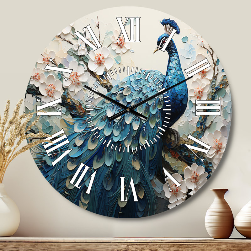 Flower Peacocks Vibrant Display I - Peacock White Face Wall Clock, Medium