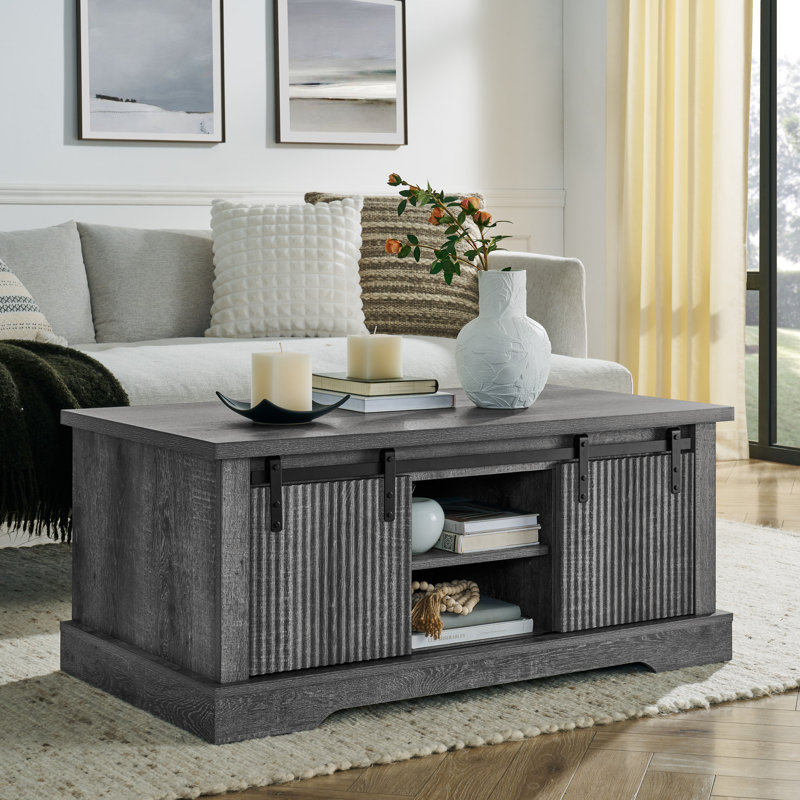 Table basse Juarez avec rangement et porte coulissante, Grey, Gris