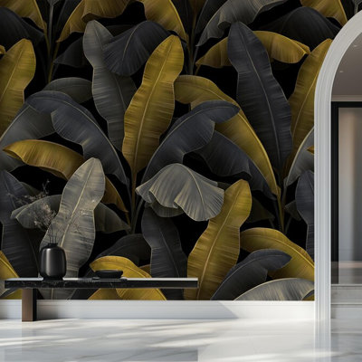 Murale de luxe feuilles de bananier tropical doré et gris anthracite, décoration murale moderne feuillage de palmier botanique