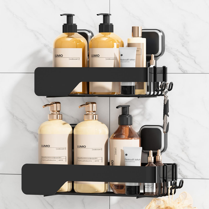 Étagères de douche en métal antirouille avec ventouses, noires, ensemble de 2, Black