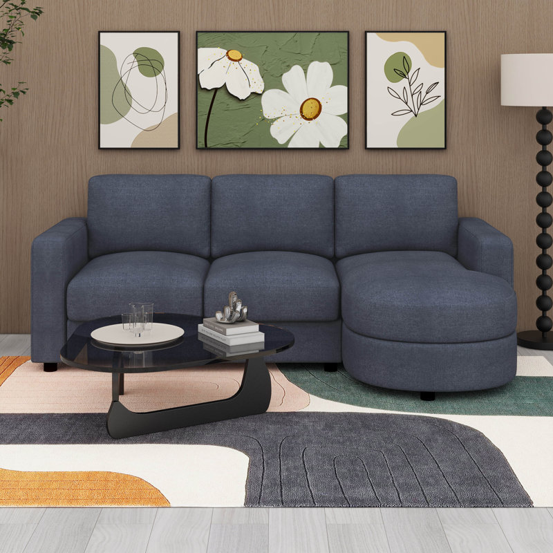 Canapé moderne en L avec méridienne incurvée, ports USB et poches de rangement latérales, Bleu