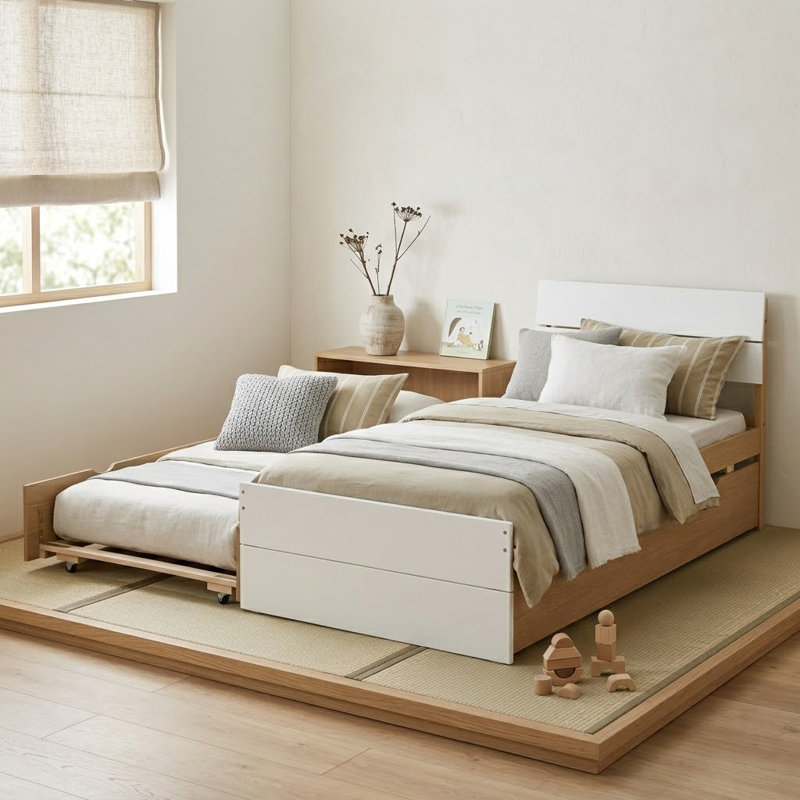 Modern Farmhouse Twin Size Wooden Platform Bed with a Twin Size Trundle Bed, White/Light Oak