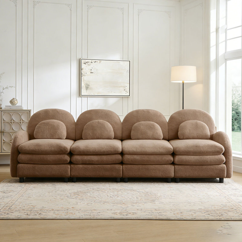 Canapé en tissu Teddy Cloud, dossier incurvé et accoudoirs avec coussins lombaires, Camel+4Seat