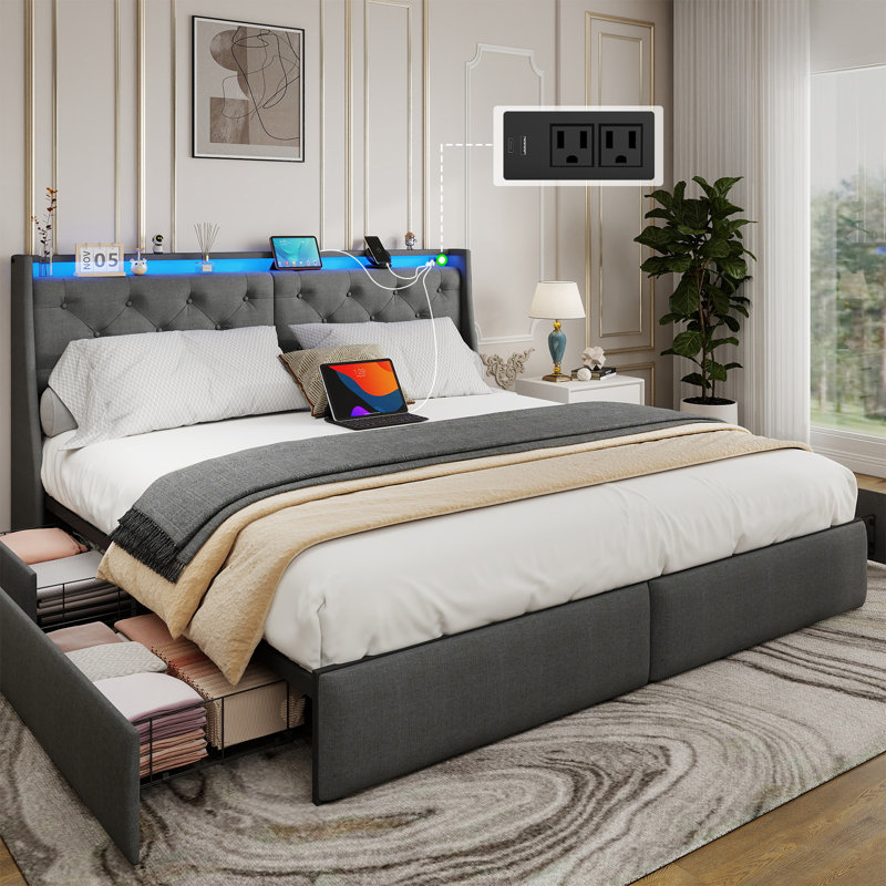 King Upholstered Bed Frame with Headboard and LED Lights,Platform Bed with 4 Storage Drawers and 4 in 1 Charging Station