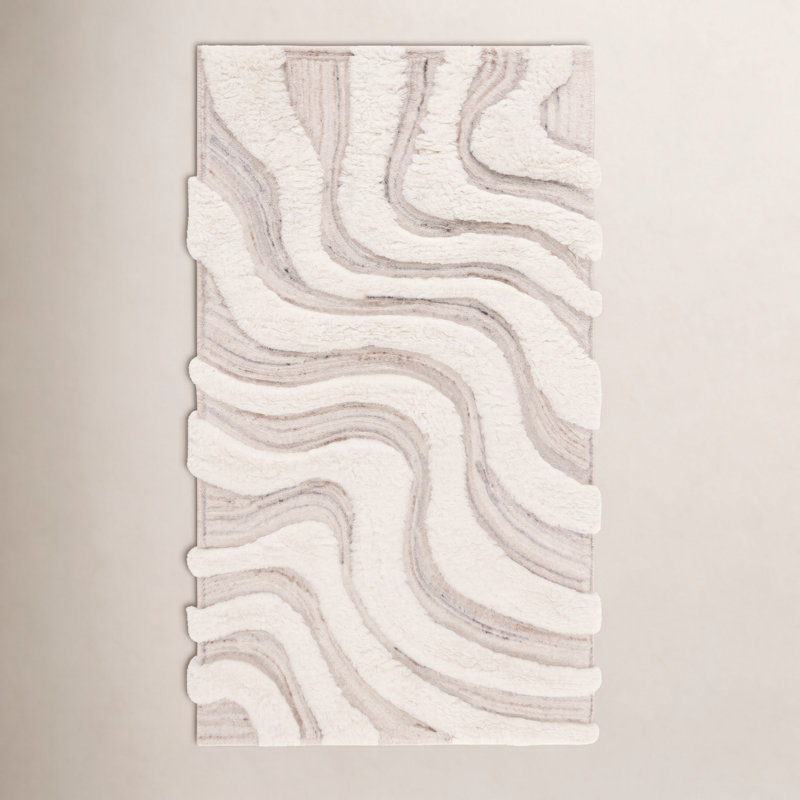 Tapis abstrait en laine fait à la main beige / ivoire Ankara, Rectangle de 5 pi x 8 pi