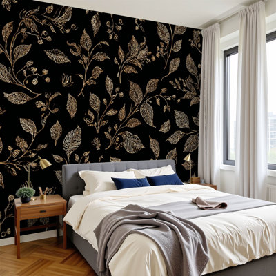 Peel and Stick Wallpaper 144" W x 100" H Modern Self Adhesive Wall Mural for Bedroom Floral vintage seamless Black gold Oriental style art For design