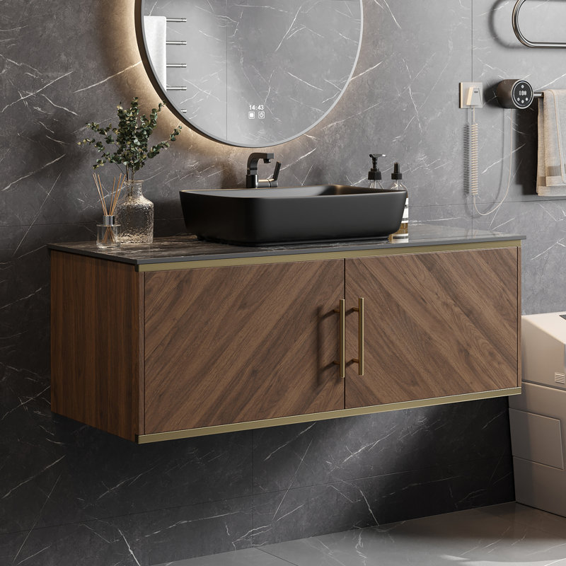 Meuble-lavabo flottant 47,2 po avec lavabo, meuble-lavabo moderne en pierre frittée noire, grande armoire et poignée dorée