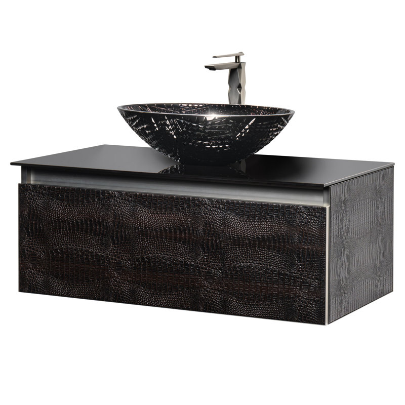 23.6 Single Bathroom Vanity with Top, 35", Black Tempered Glass, Dark Crocodile