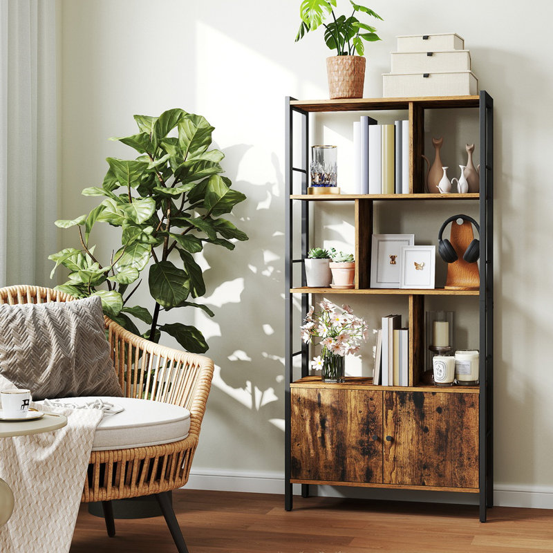 Jazmyne 154.5cm H x 74cm W Steel Standard Bookcase, Rustic Brown/Black