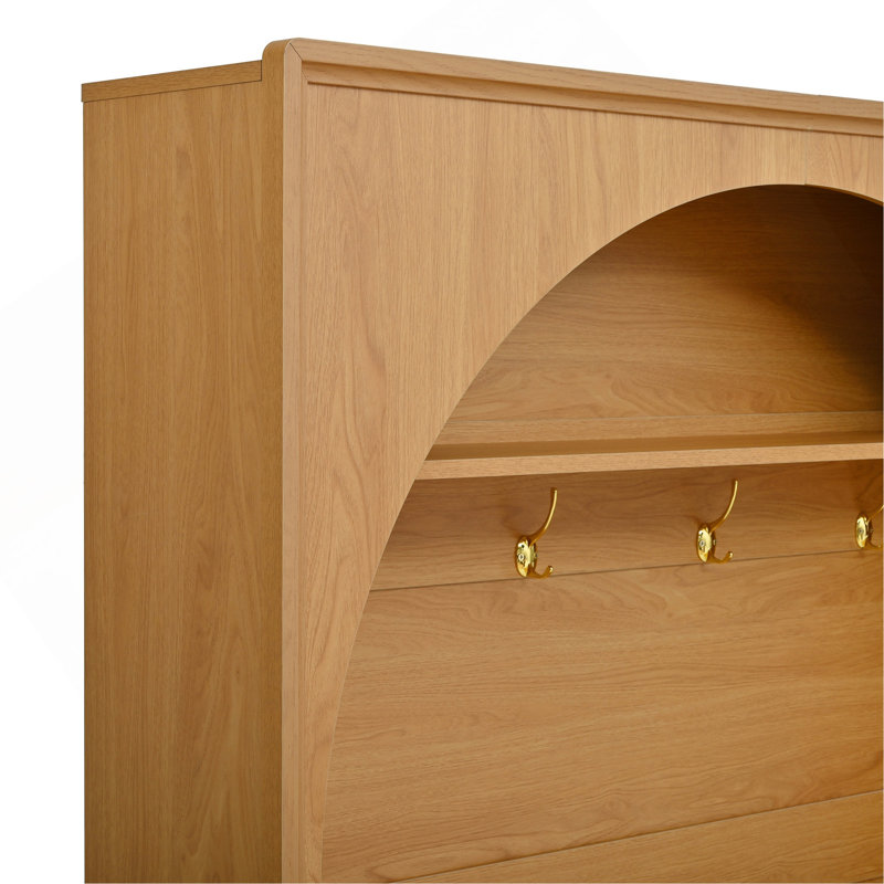 All-In-One Hall Tree With Adjustable Shelves, Retro Arched Entryway Storage Bench With 3 Cabinets, Wooden Coat Rack Organizer With 4 Golden Hooks For Mudroom, Hallway, Natural/Teak