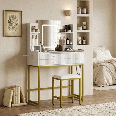 Meuble-lavabo cannelé avec miroir, 3 tiroirs, 4 tablettes de rangement et lumières pour la chambre à coucher