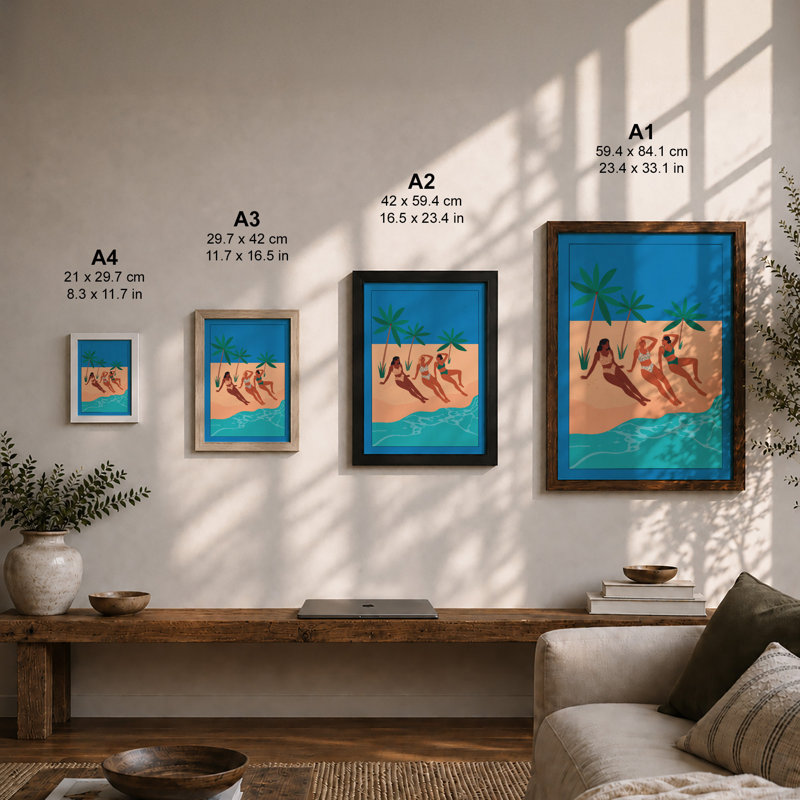 Beachside Repose Coastal - Framed Print, A4 - 29.7 x 21.0 cm, Walnut