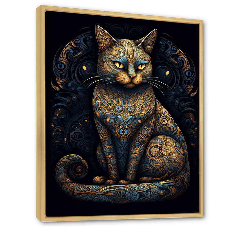 Chat doré bleu glamour rétro, Cadre naturel flottant, H 32 po x l 24 po x P 1 po