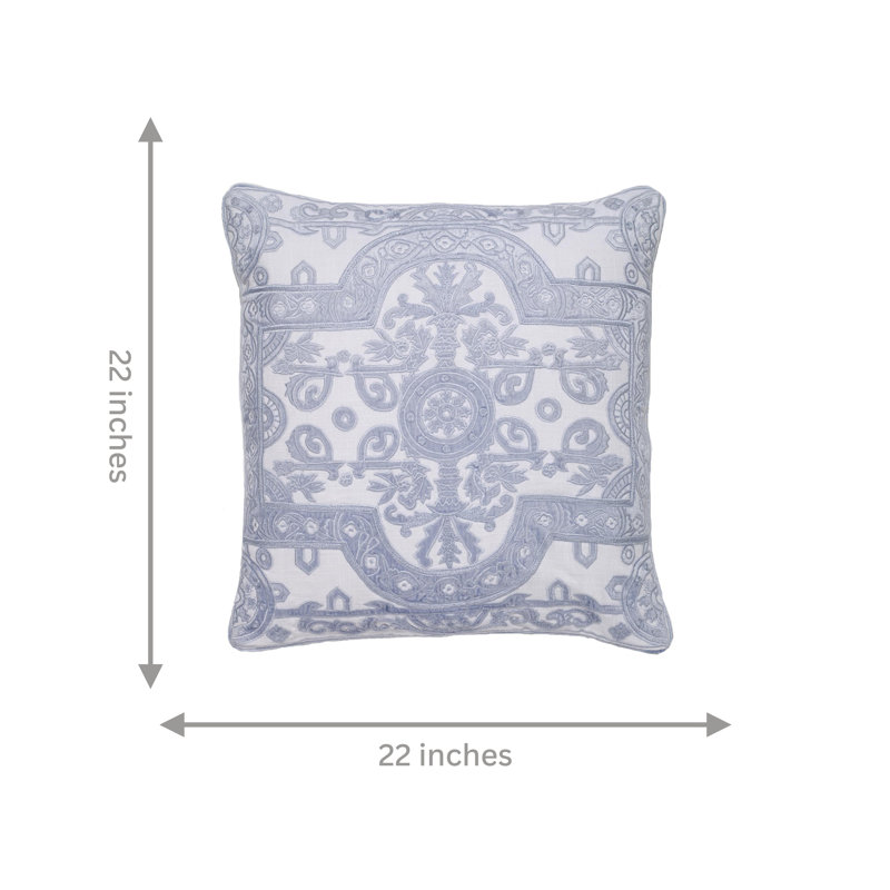 White Linen Square Pillow with Velvet Applique Embroidery