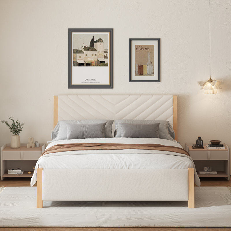Structure de lit tapissier moderne Mid-Century avec tête de lit capitonnée et pieds en bois massif, Beige