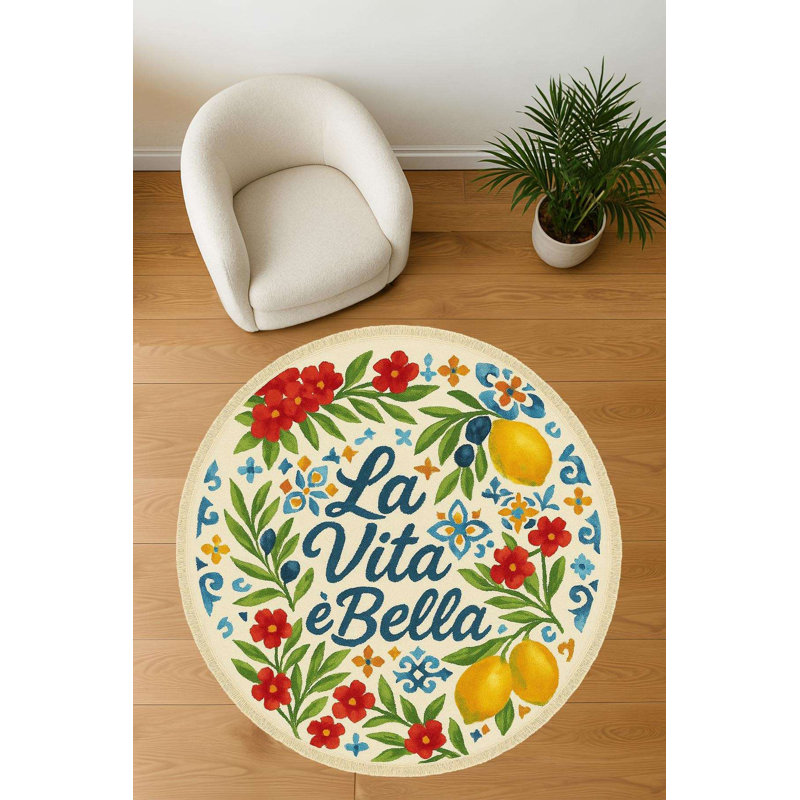 "La Vita È Bella" Italian Inspired Round Cotton Accent Rug, Round 4'11"