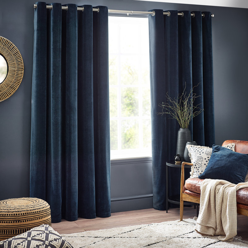 Heavy Chenille Room Darkening Eyelet Curtains, Navy, 117cm Width x 137cm Drop