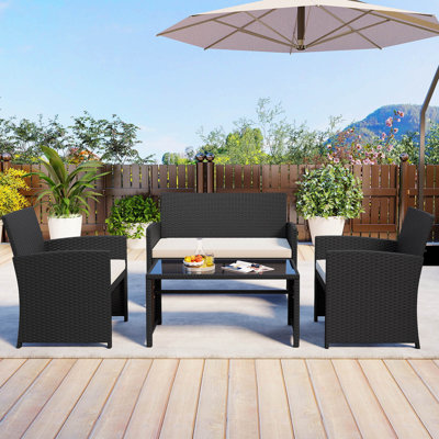 Ensemble de conversation pour patio 4 pièces avec coussins de siège et plateau en verre trempé, blanc + noir