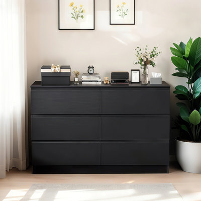 Commode 6 tiroirs, commode de chambre moderne avec comptoir spacieux, armoire de rangement en bois avec poignées dissimulées et 6 tiroirs profonds pour la chambre à coucher, le salon, le vestibule