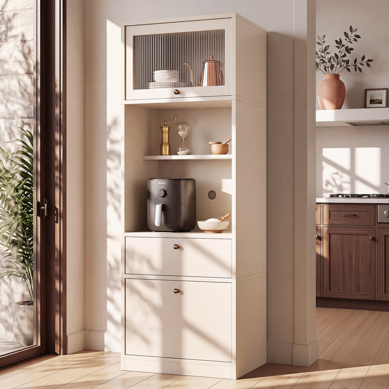 Armoire de rangement de 180 cm de haut avec 2 grands tiroirs et une étagère pour micro-ondes, meuble de rangement extra profond avec étagères réglables, porte à ouverture hydraulique, meuble autoportant pour cuisine, salle à manger, salon et salle de bain
