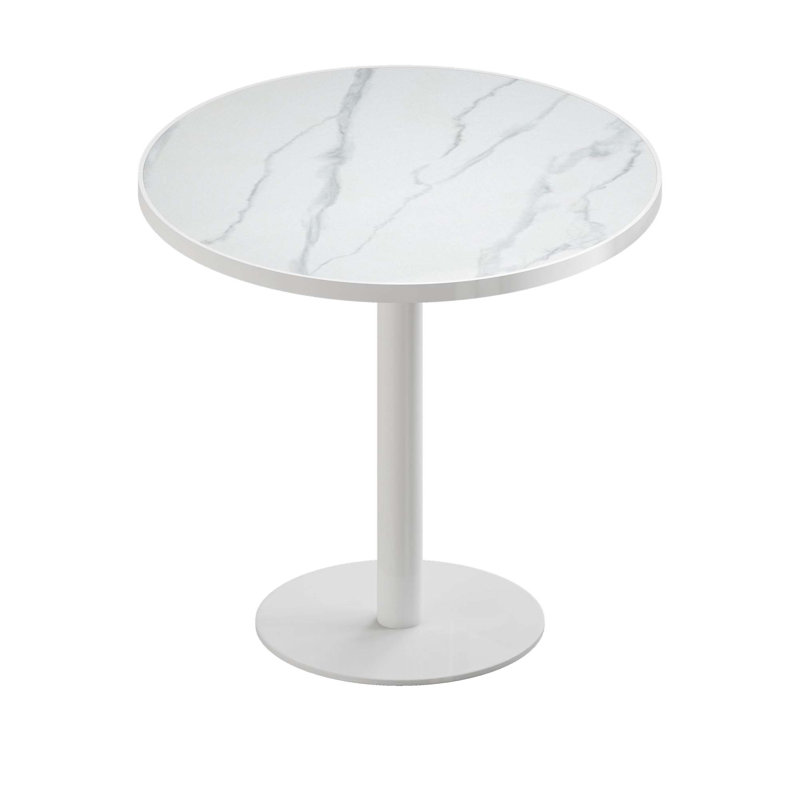 Table de salle à manger ronde moderne avec plateau en pierre Snow Mountain et pieds en titane, Blanc / Gris