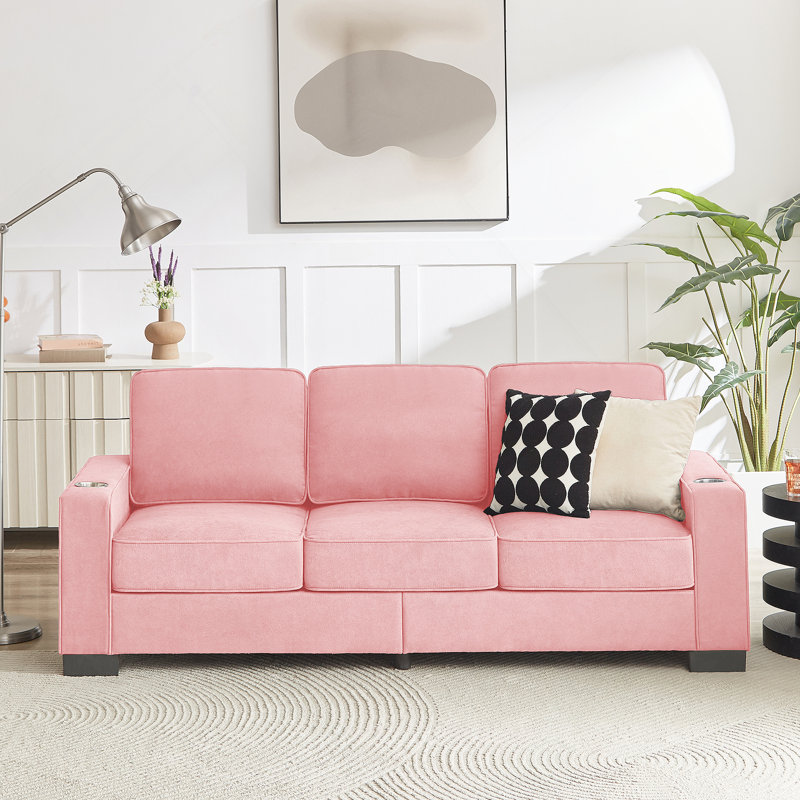 84.25"W 3-Seat Sofa with Cupholder, Pink Fabric
