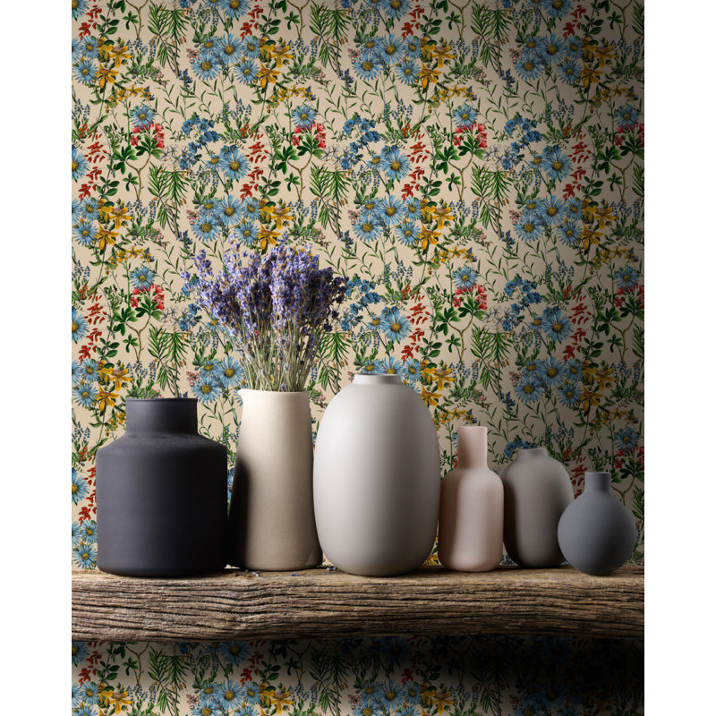 Hippie Spirit Floral Wallpaper Roll, Taupe/Green/Blue/Yellow