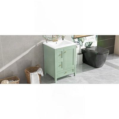 "Meuble-lavabo de 24 pouces avec rangement, tablette réglable, panneau de fibres à densité moyenne et bois d'hévéa, cloisons amovibles, finition verte"