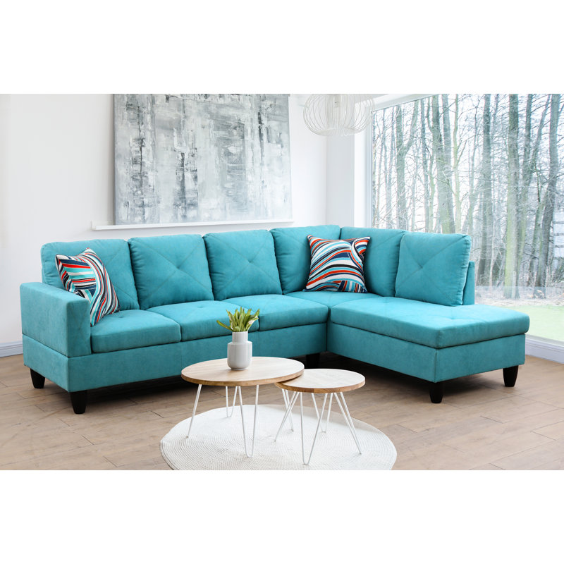 Upholstered L-Shaped Sectional, Turquoise Microfiber/Microsuede, Right Hand Facing