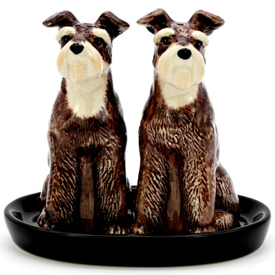 SALT AND PEPPER SHAKER Schnauzer and black ceramic tray