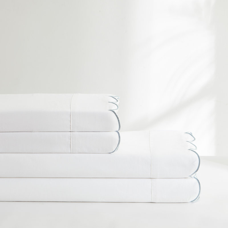 Coastal Chic Scalloped Edge Cotton Sheet 4Pc Set, Blue, Queen Sheet Set