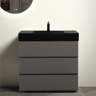Meuble-lavabo gris de 91 cm (36 po) - Style élégant, grande capacité de rangement, fonctionnement silencieux avec lavabo, apparence épurée, utilisation autonome suffisante