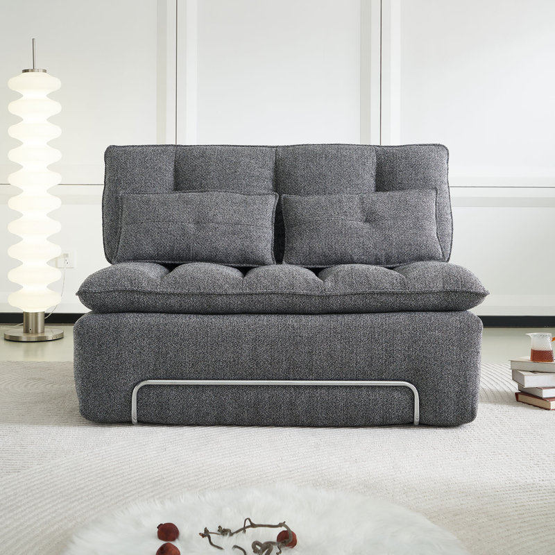 Ensemble de salon comprenant un canapé deux places moderne en lin recouvert de tissu (largeur : 133 cm) et deux poufs., Gris