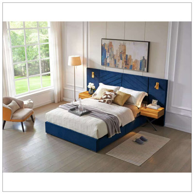 Velvet Bed Frame with Vertical Channel Tufted Wingback Headboard, Upholstered Platform, and Strong Wooden Slats